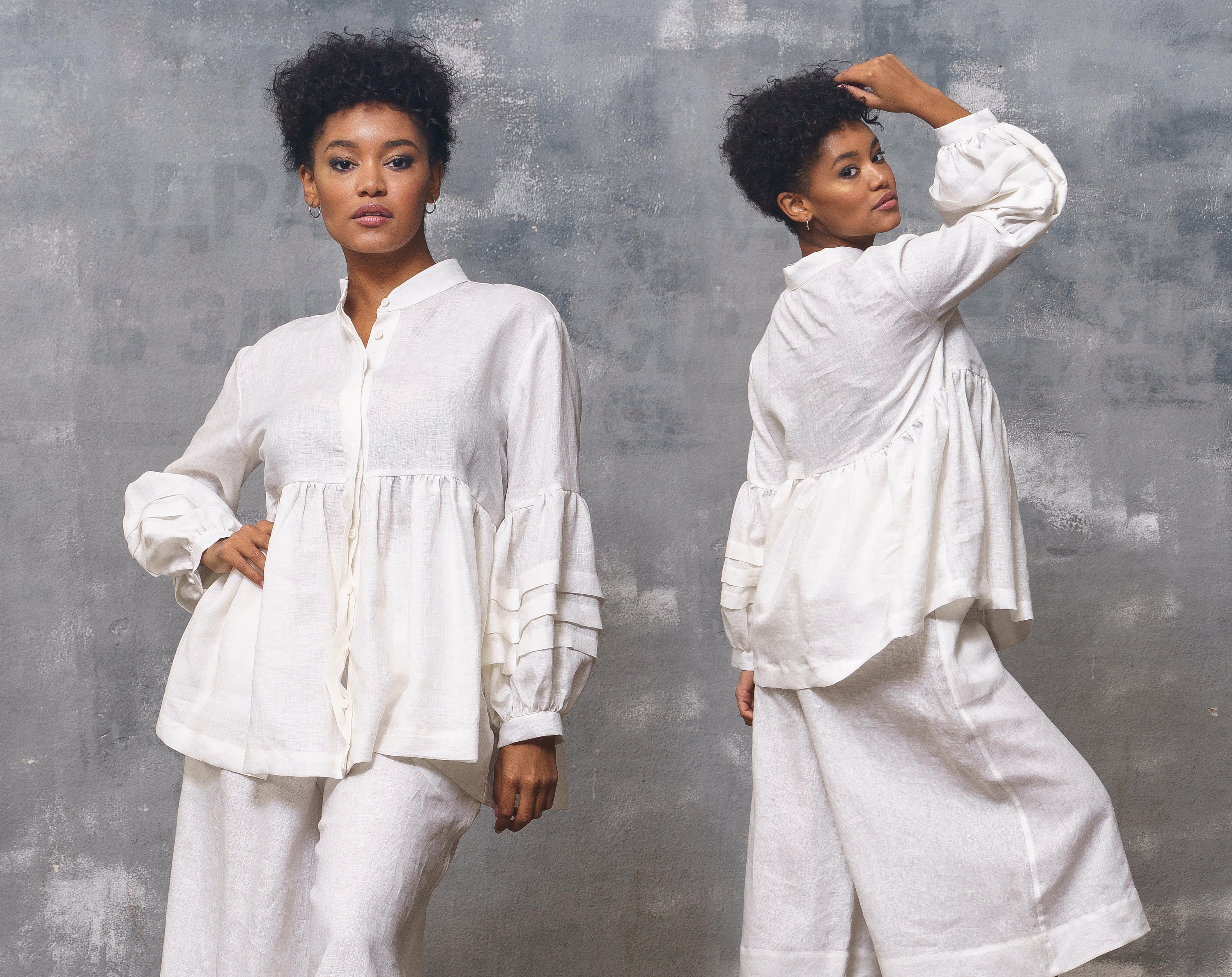 Oversized White Linen Blouse, Long Sleeve Tunic Top, Plus Size