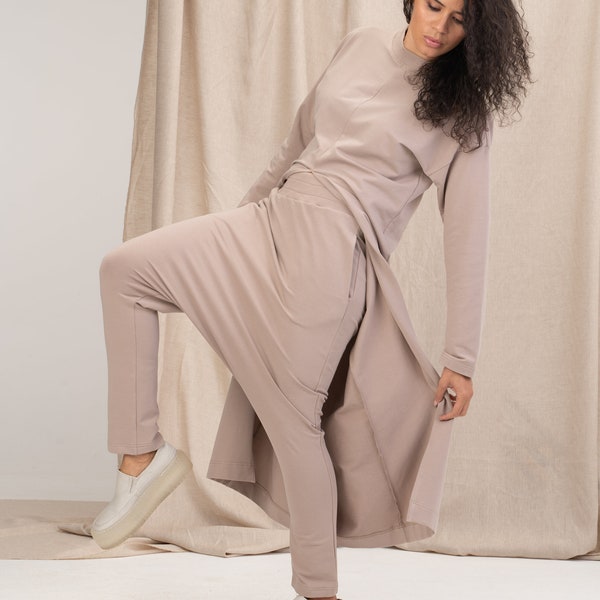 Ensemble de deux femmes en coton beige clair, robe pull et sarouel femmes ensemble, coton biologique plus taille loungewear femmes