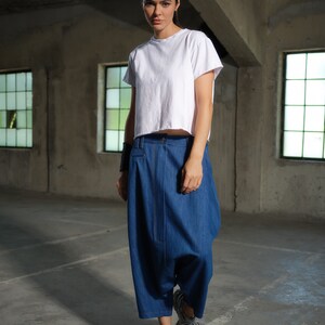 Avant garde Light Blue Denim Harem Pants with Asymmetrical Details, Drop Crotch Denim Pants Women, Baggy pants, Urban clothing image 5