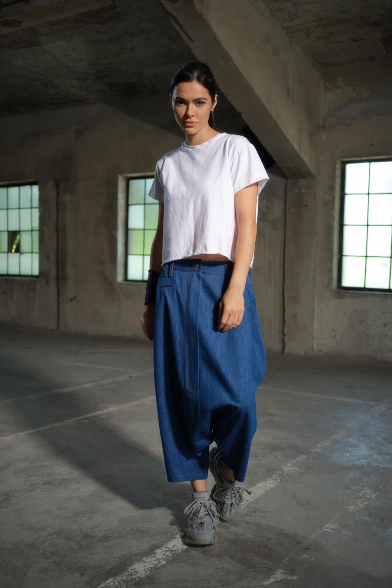 Avant garde Light Blue Denim Harem Pants with Asymmetrical Details, Drop Crotch Denim Pants Women, Baggy pants, Urban clothing image 5