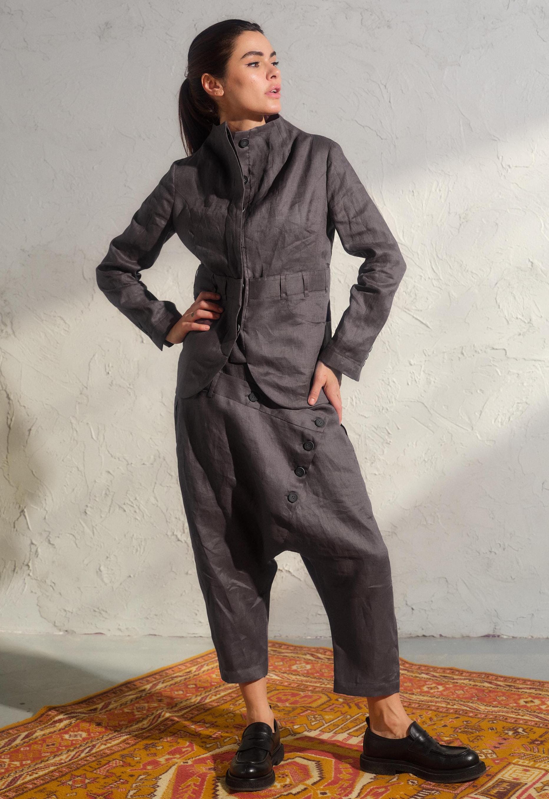 Gray double belt linen pants womens, Avant garde baggy trousers, Capry drop crotch pants, Plus sizes available, Extravant linen harem pants