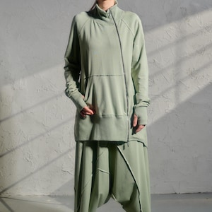 Avant garde drop crotch pants in Grean tea color, Streatwear harem pants womens, Organic cotton baggy pants, Plus sizes available