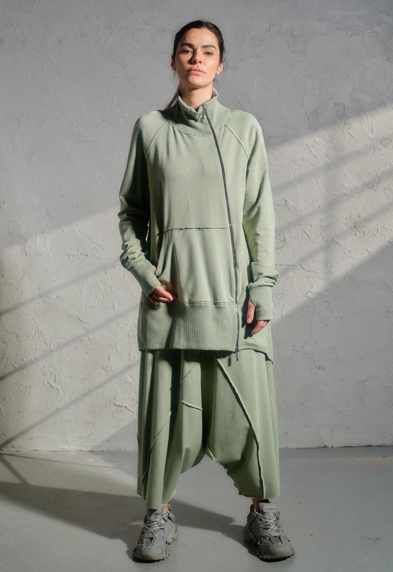 Avant garde drop crotch pants in Grean tea color, Streatwear harem pants womens, Organic cotton baggy pants, Plus sizes available