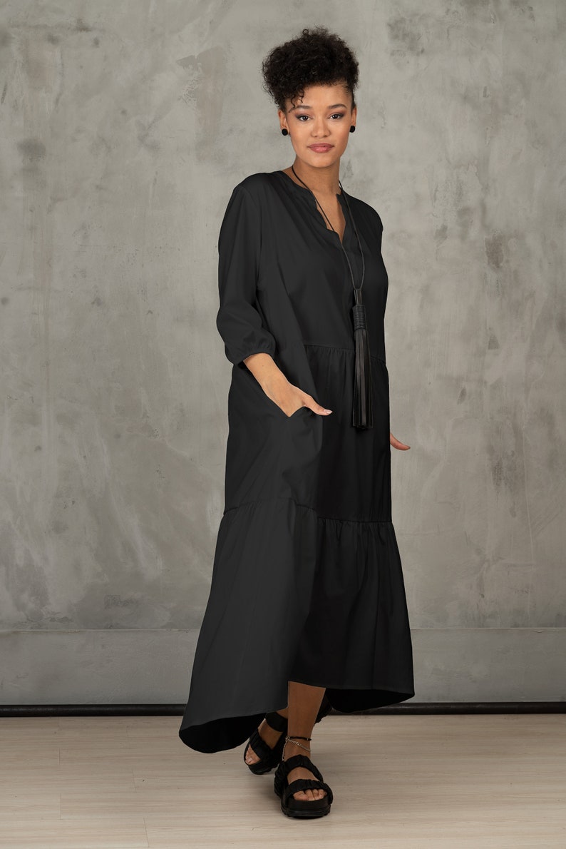 Oversized shirt dress, Black cotton maxi dress plus size clothing, Maternity clothing, Organic pregnancy dress, Long sleeved fall dress