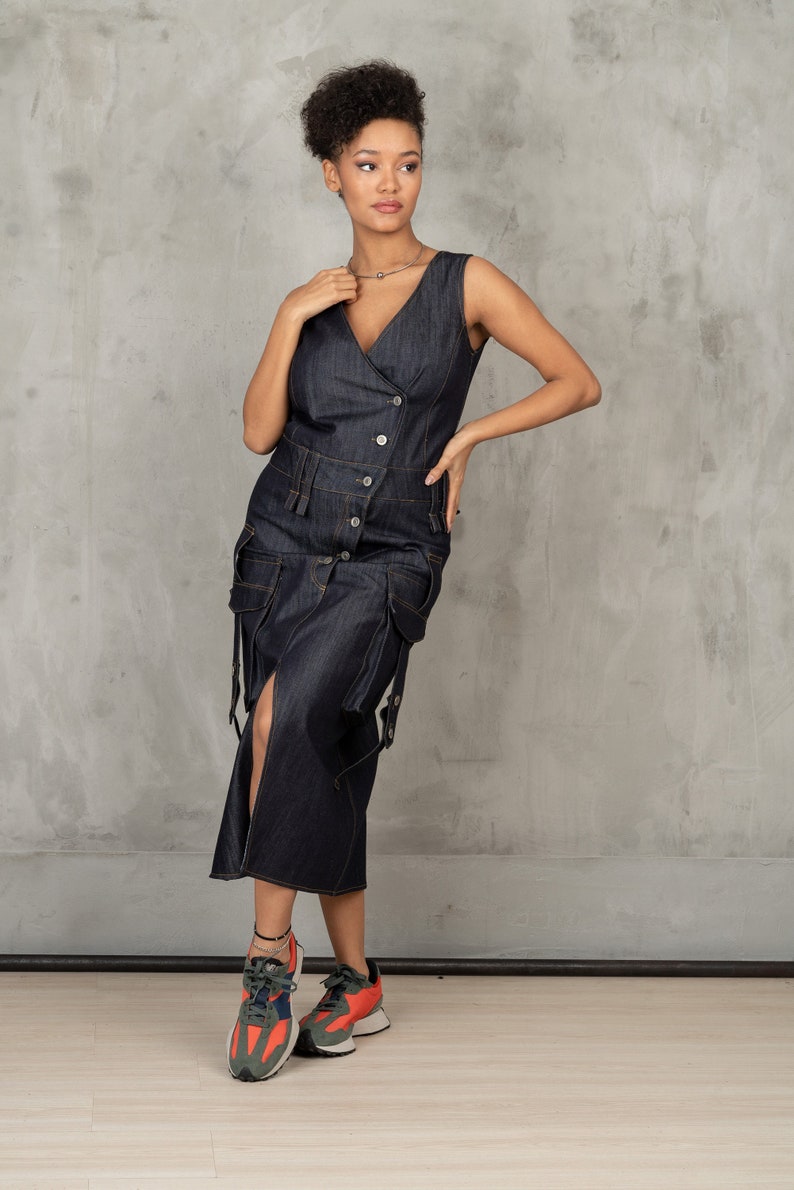 Denim cargo dress, Asymmetrical denim dress, Utility dress cargo pockets dress, Structured denim dress
