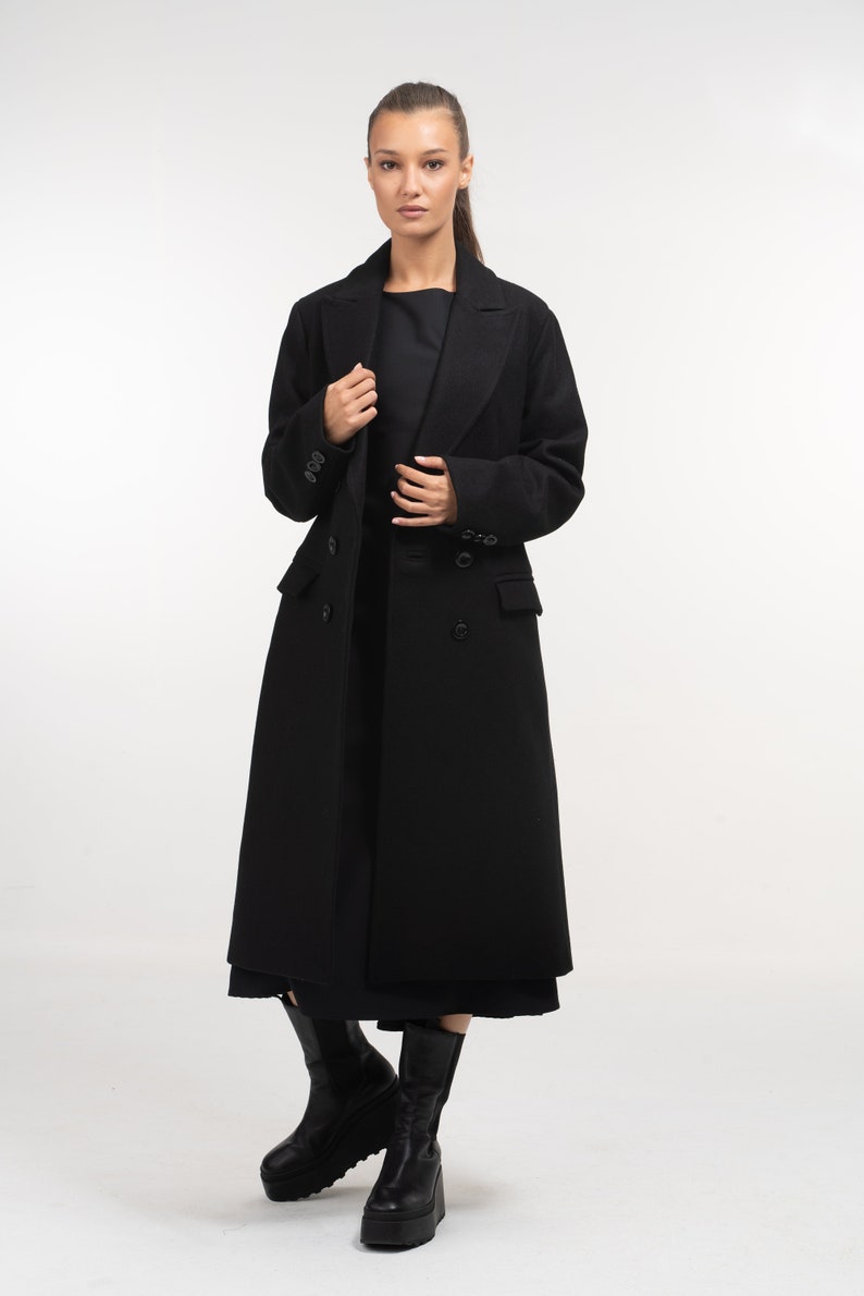 Long Black Double Breasted Wool Coat for Women, Oversized Winter Coat Womens, Winter Wool Cashmere Trench for Women