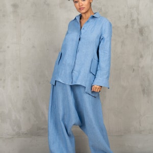 Extravagant Drop Crotch pants, Blue Linen Harem Pants, Linen Pants Women, Loose Harem Pants, Pants With Pockets