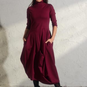 Asymmetric burgundy dress, Avant garde dress, Extravagant long viscose dress, Slow fashion, Capsule wardrobe, Sustainable clothes