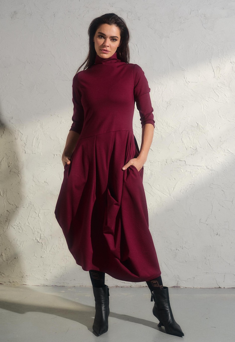 Asymmetric burgundy dress, Avant garde dress, Extravagant long viscose dress, Slow fashion, Capsule wardrobe, Sustainable clothes