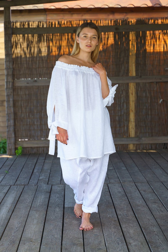 White Linen Blouse Women, Plus Size Linen Clothing Women, White Linen Top,  Oversized Tunic 