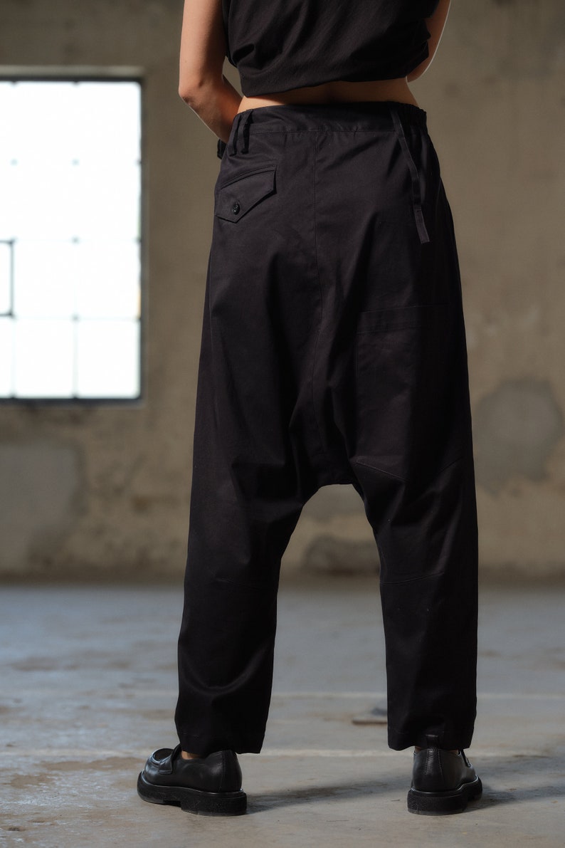Black avant garde cotton drop crotch pants with asymmetrical buttons, Drop crotch pants women, Urban baggy trousers, Plus sizes available image 9