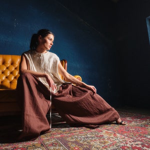 Linen skirt pants, Wide leg linen palazzo pants women linen clothing, Chocolate brown linen pants with pleats women, image 1