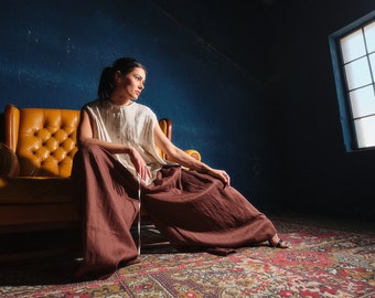 Linen skirt pants, Wide leg linen palazzo pants women linen clothing, Chocolate brown linen pants with pleats women,