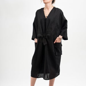 Black linen dress with ribbon, womens linen clothing maternity dress, Black linen kimono dress, Japanese inspired kimono with belt image 3