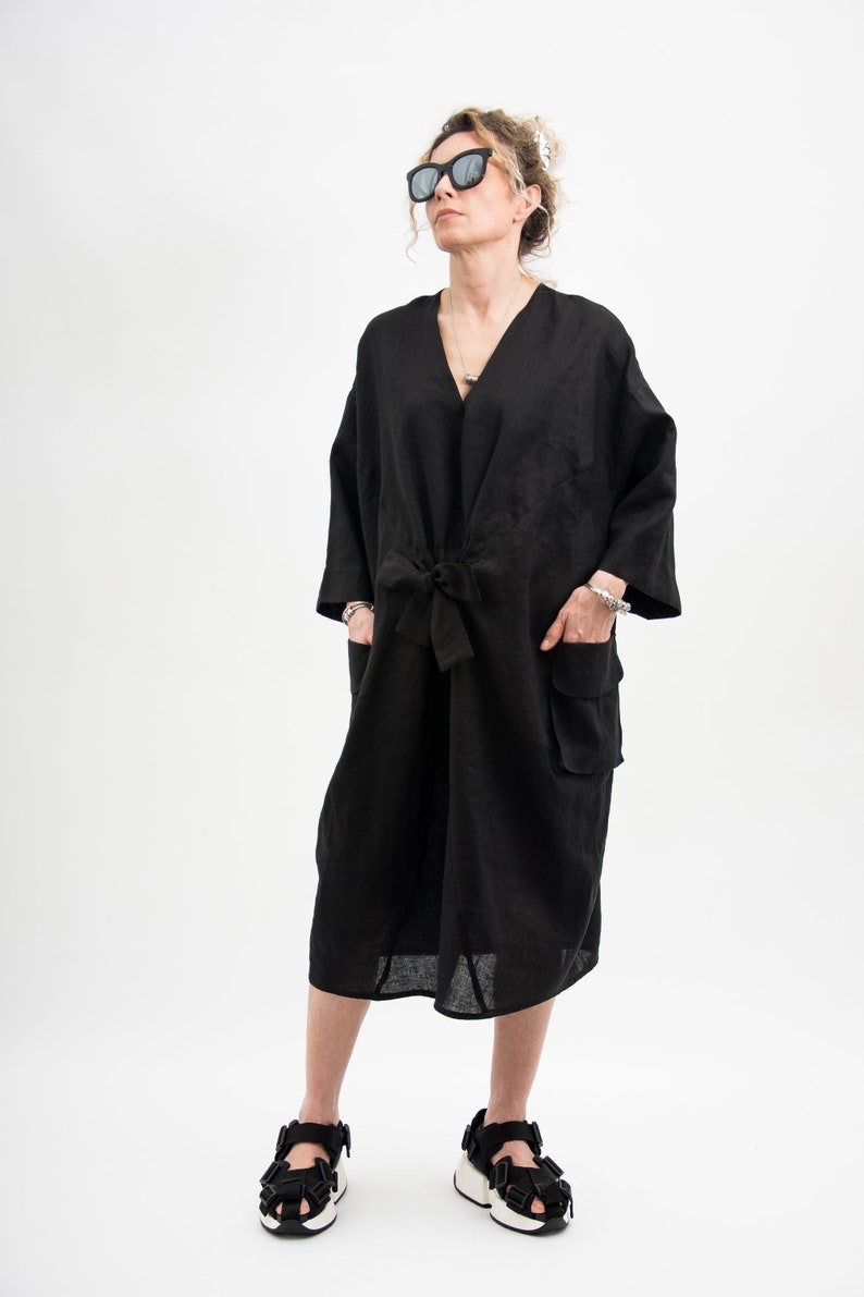 Black linen dress with ribbon, womens linen clothing maternity dress, Black linen kimono dress, Japanese inspired kimono with belt image 3