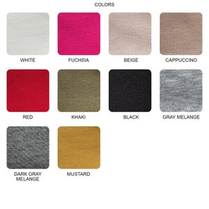 May include: Color chart showing 10 different fabric colors: white, fuchsia, beige, cappuccino, red, khaki, black, gray melange, dark gray melange, and mustard.
