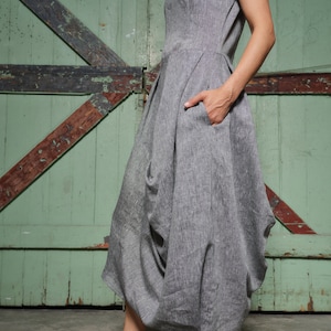 Gray melange summer linen midi dress, Asymmetrical kaftan, Linen boho dress, Balloon dress linen clothing, Long organic linen dress