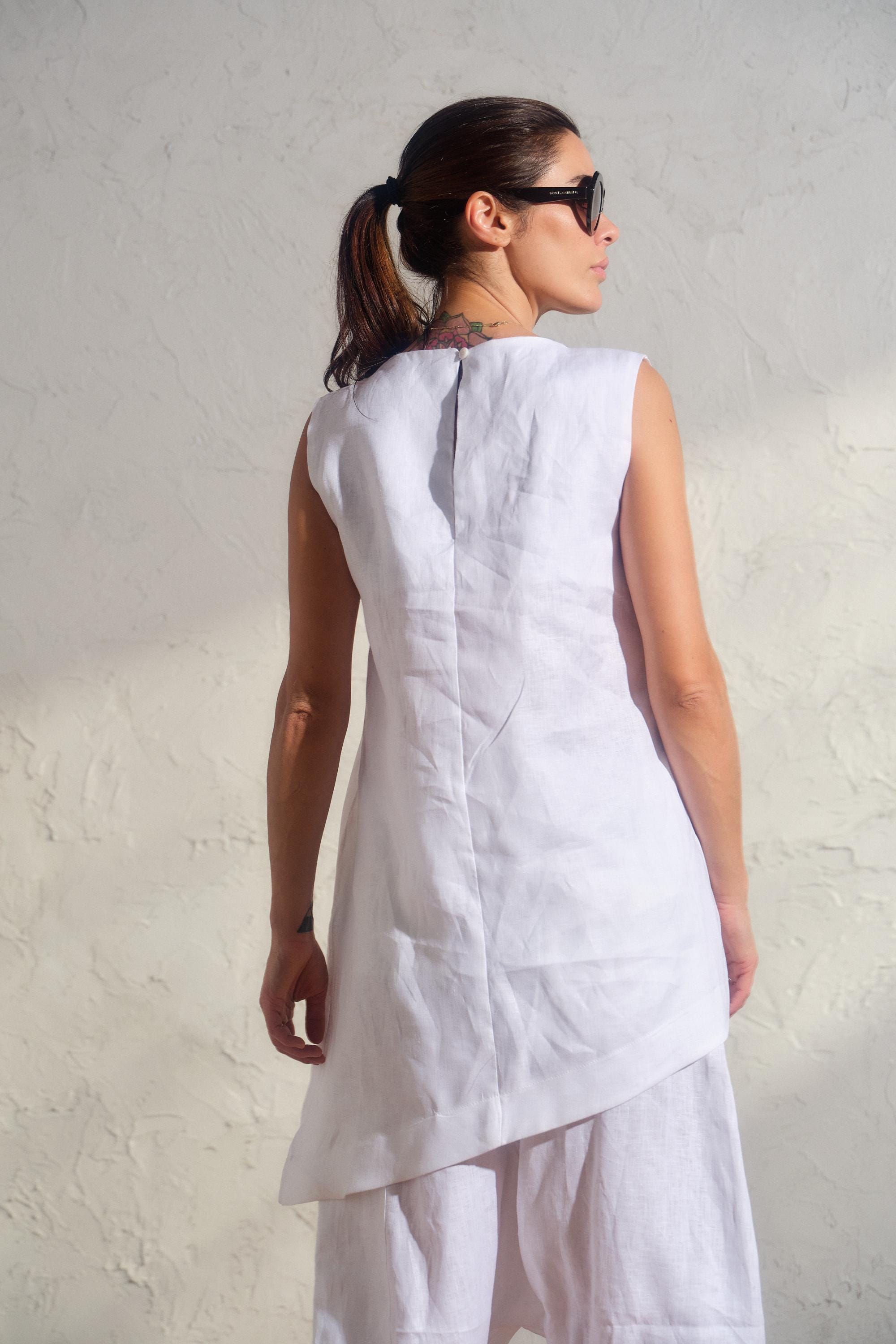 Asymmetrical White Linen Top Women's, Minimalistic Summer