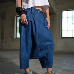 Avant garde Light Blue Denim Harem Pants with Asymmetrical Details, Drop Crotch Denim Pants Women, Baggy pants, Urban clothing