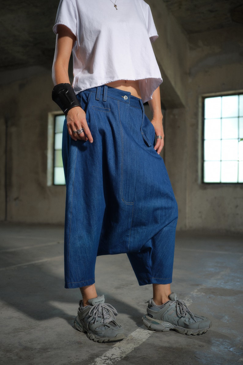 Avant garde Light Blue Denim Harem Pants with Asymmetrical Details, Drop Crotch Denim Pants Women, Baggy pants, Urban clothing