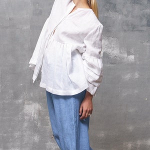 Light blue linen elastic waist pants women, Organic clothing Wide leg pants women, Linen clothing for women image 5