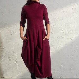 Asymmetric burgundy dress, Avant garde dress, Extravagant long viscose dress, Slow fashion, Capsule wardrobe, Sustainable clothes