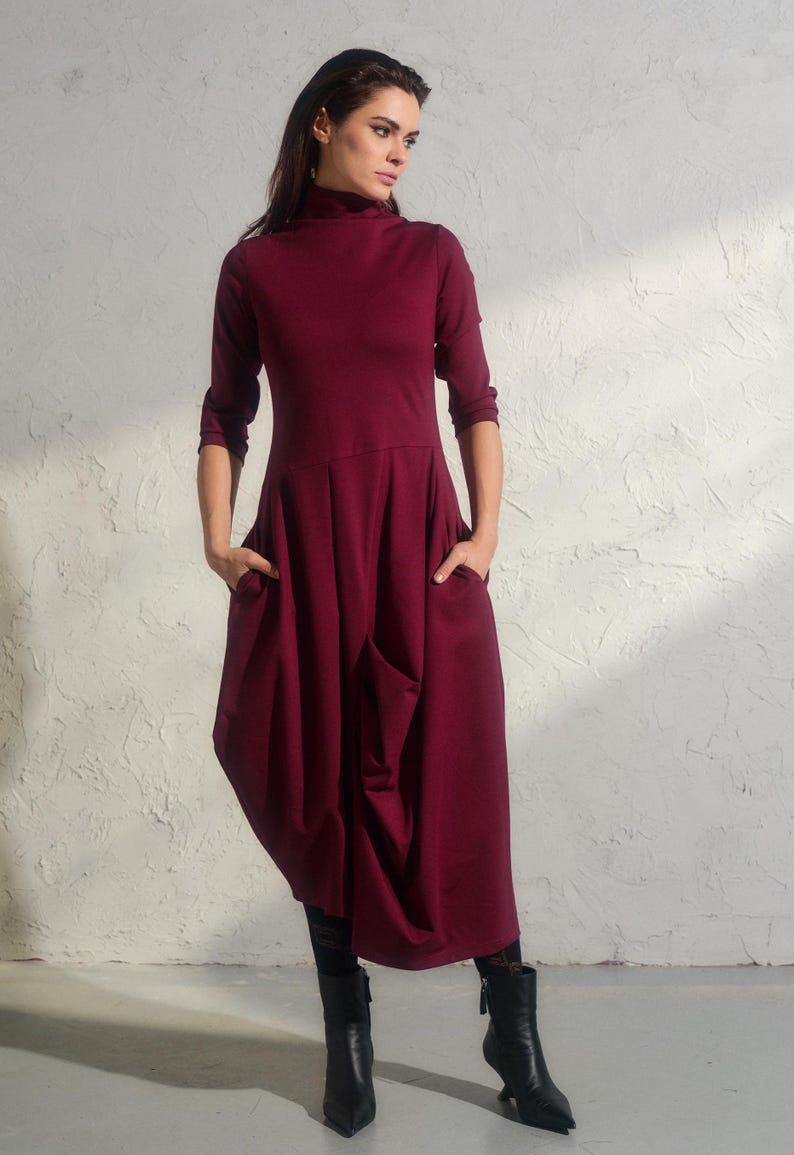 Asymmetric burgundy dress, Avant garde dress, Extravagant long viscose dress, Slow fashion, Capsule wardrobe, Sustainable clothes