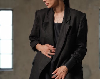 Schwarzer Leinenblazer für Damen, übergroße kastenförmige Jacke mit klassischen Revers, Sommerleinenanzugsjacke für Damen, geknöpfte Jacke, in Übergrößen erhältlich