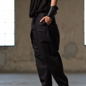 Black avant garde cotton drop crotch pants with asymmetrical buttons, Drop crotch pants women, Urban baggy trousers, Plus sizes available image 5