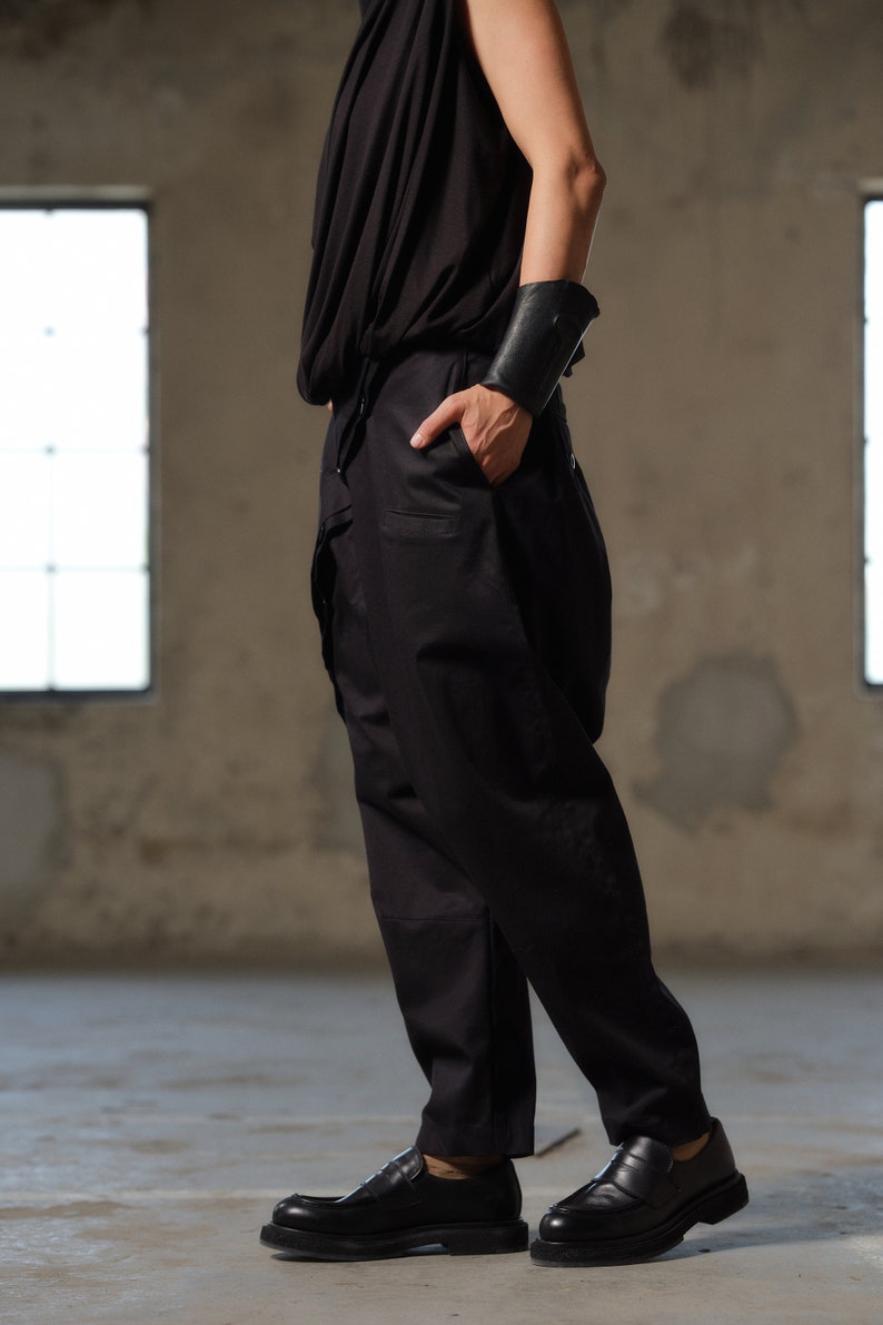 Black avant garde cotton drop crotch pants with asymmetrical buttons, Drop crotch pants women, Urban baggy trousers, Plus sizes available image 5