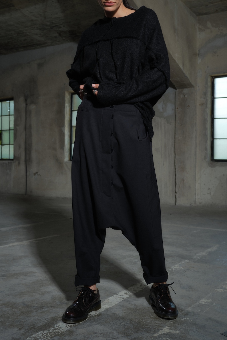 Avant garde merino wool drop crotch pants with asymmetrical details, Black harem pants women's, Baggy winter pants, Plus sizes available