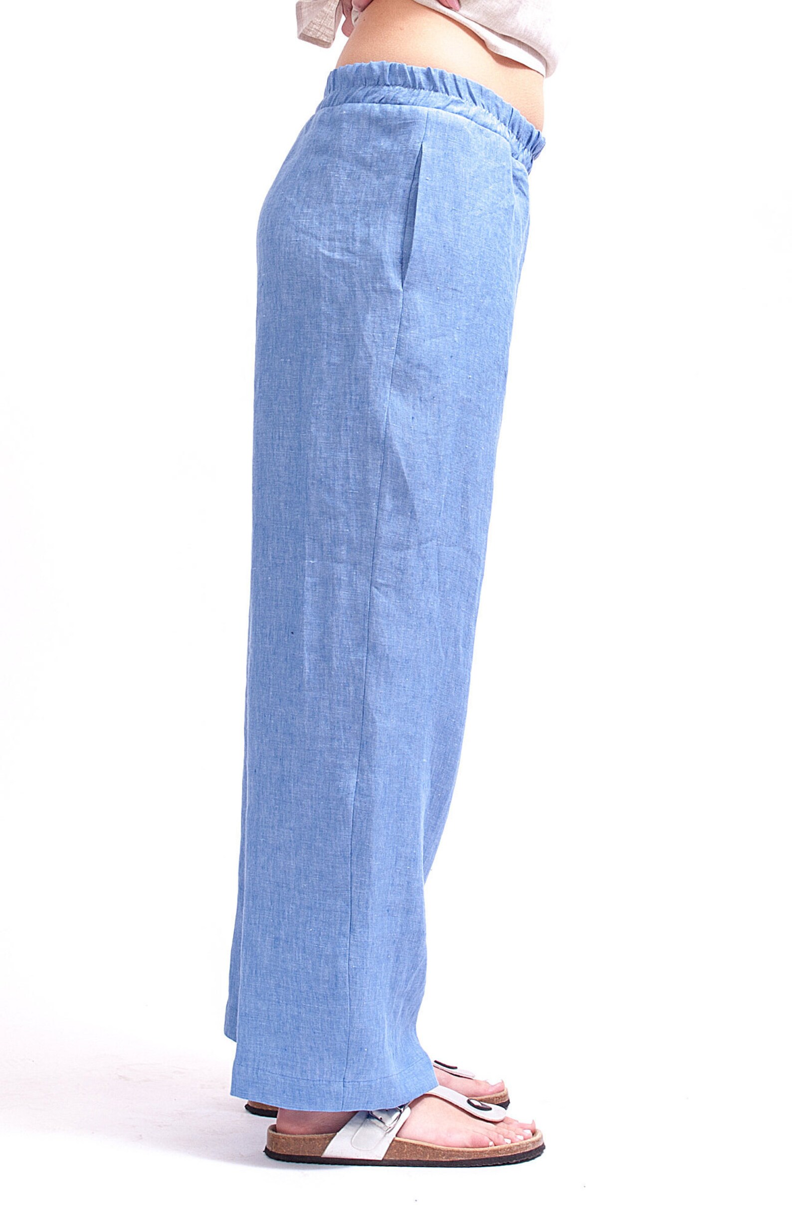 Light blue linen elastic waist pants women Organic clothing | Etsy