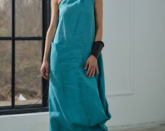 One Shoulder Linen Maxi Dress, Asymmetrical Kaftan, Plus Size Clothing