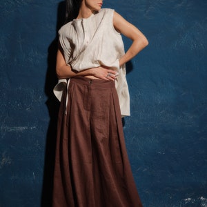 Linen skirt pants, Wide leg linen palazzo pants women linen clothing, Chocolate brown linen pants with pleats women,