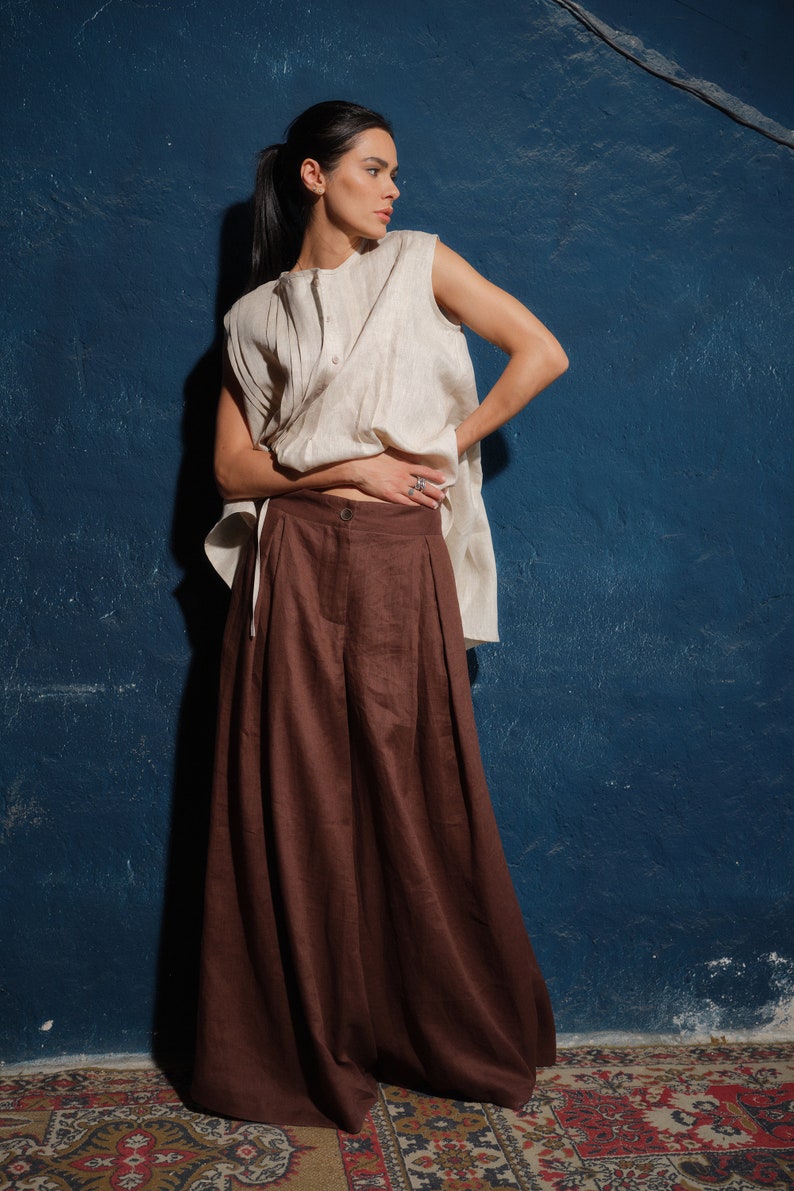 Linen skirt pants, Wide leg linen palazzo pants women linen clothing, Chocolate brown linen pants with pleats women,