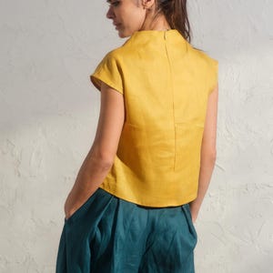 Summer linen top in mustard color, Avant garde clothing, Organic sleeveless linen blouse, Womens boho linen top, Plus sizes available