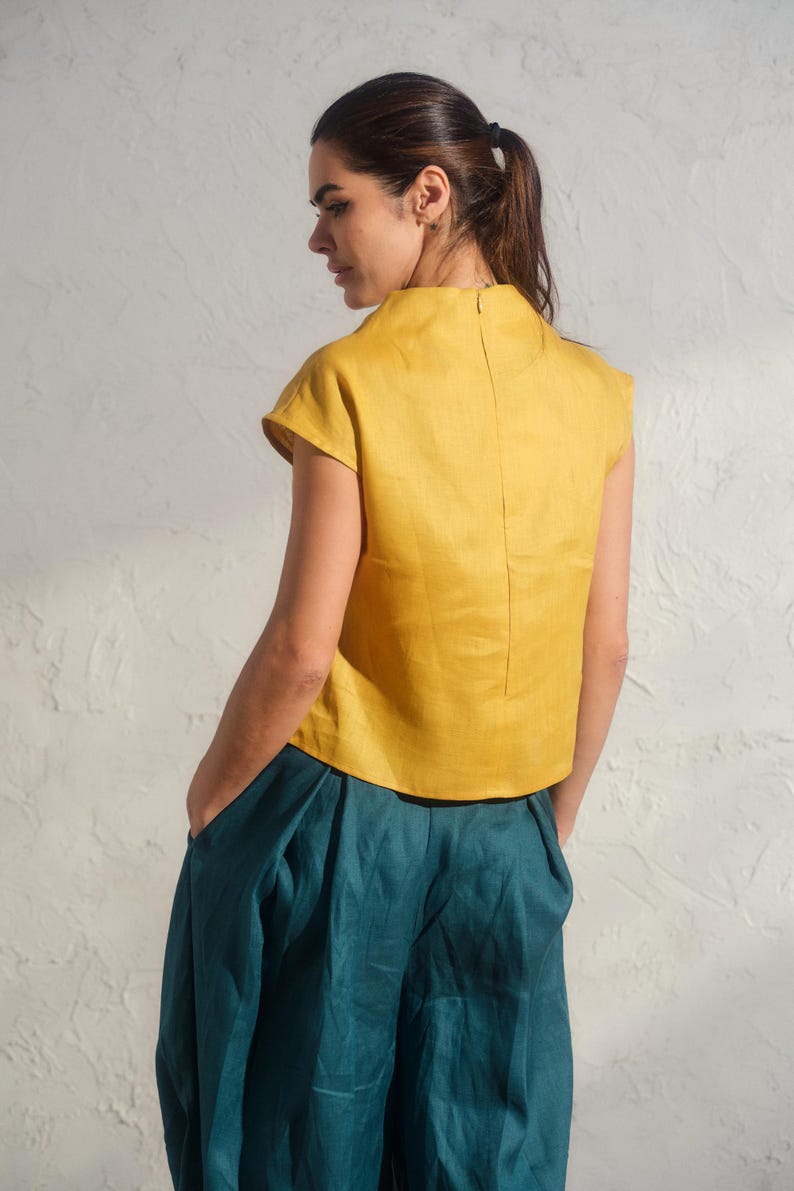 Summer linen top in mustard color, Avant garde clothing, Organic sleeveless linen blouse, Womens boho linen top, Plus sizes available