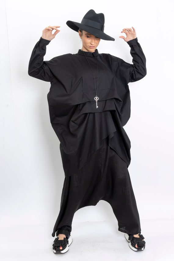 Black Cotton Avant Garde Tunic Shirt: Oversized Long Sleeve Clothing