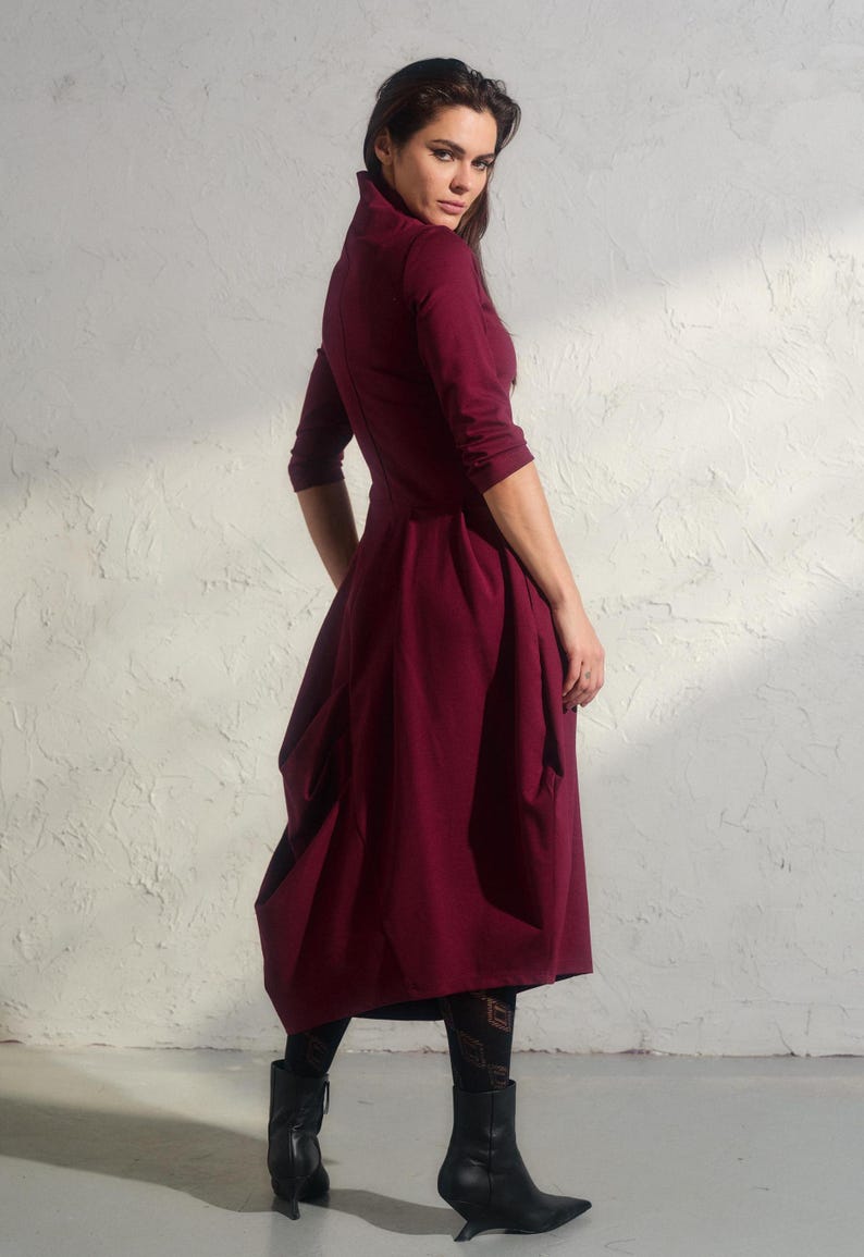 Asymmetric burgundy dress, Avant garde dress, Extravagant long viscose dress, Slow fashion, Capsule wardrobe, Sustainable clothes