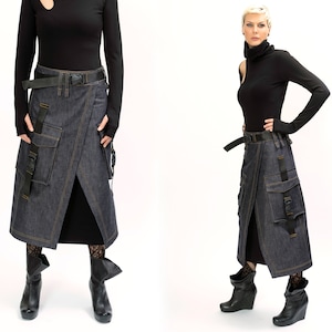 Long denim cargo skirt with low waist, Utility wrap skirt with cargo pockets, Black maxi denim skirt, Jean skirt, Techwear