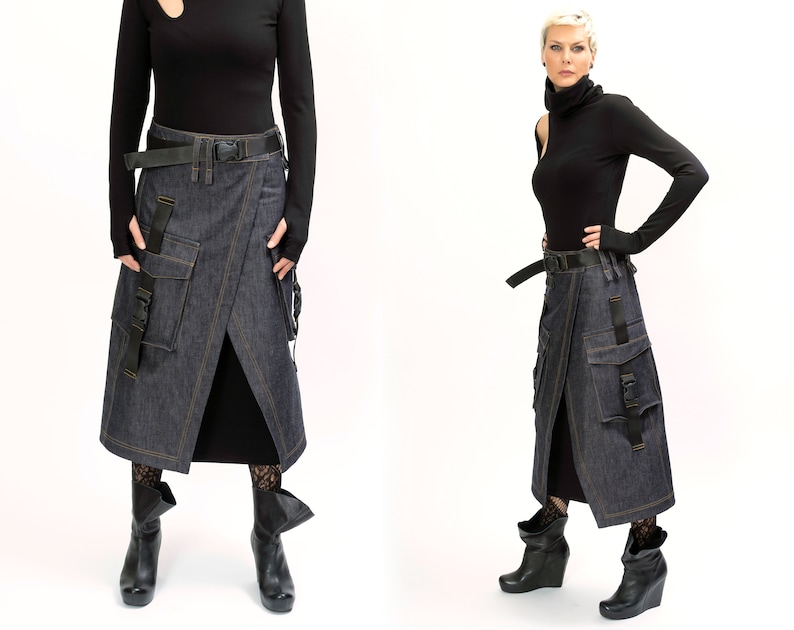 Long denim cargo skirt with low waist, Utility wrap skirt with cargo pockets, Black maxi denim skirt, Jean skirt, Techwear