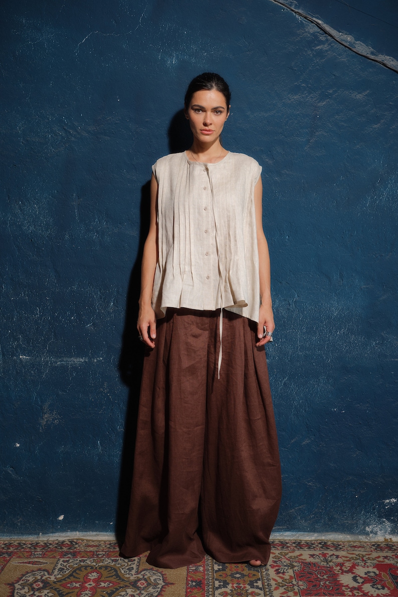 Linen skirt pants, Wide leg linen palazzo pants women linen clothing, Chocolate brown linen pants with pleats women,