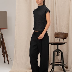 Black linen top avant garde clothing, Linen blouse womens short sleeve, Womens minimalistic top, Futuristic clothing, Linen cothing