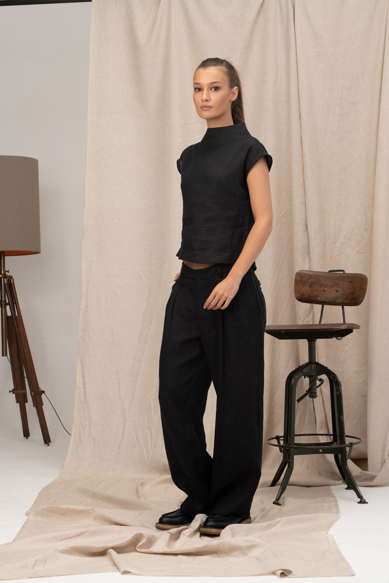 Black linen top avant garde clothing, Linen blouse womens short sleeve, Womens minimalistic top, Futuristic clothing, Linen cothing