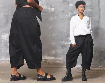 Avant garde black baggy pants women, Extravagant drop crotch cotton pants, Tapered barrel pants for women, Slow fashion, Capsule wardrobe