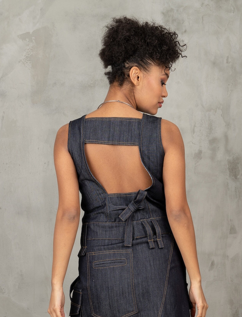 Denim cargo dress, Asymmetrical denim dress, Utility dress cargo pockets dress, Structured denim dress