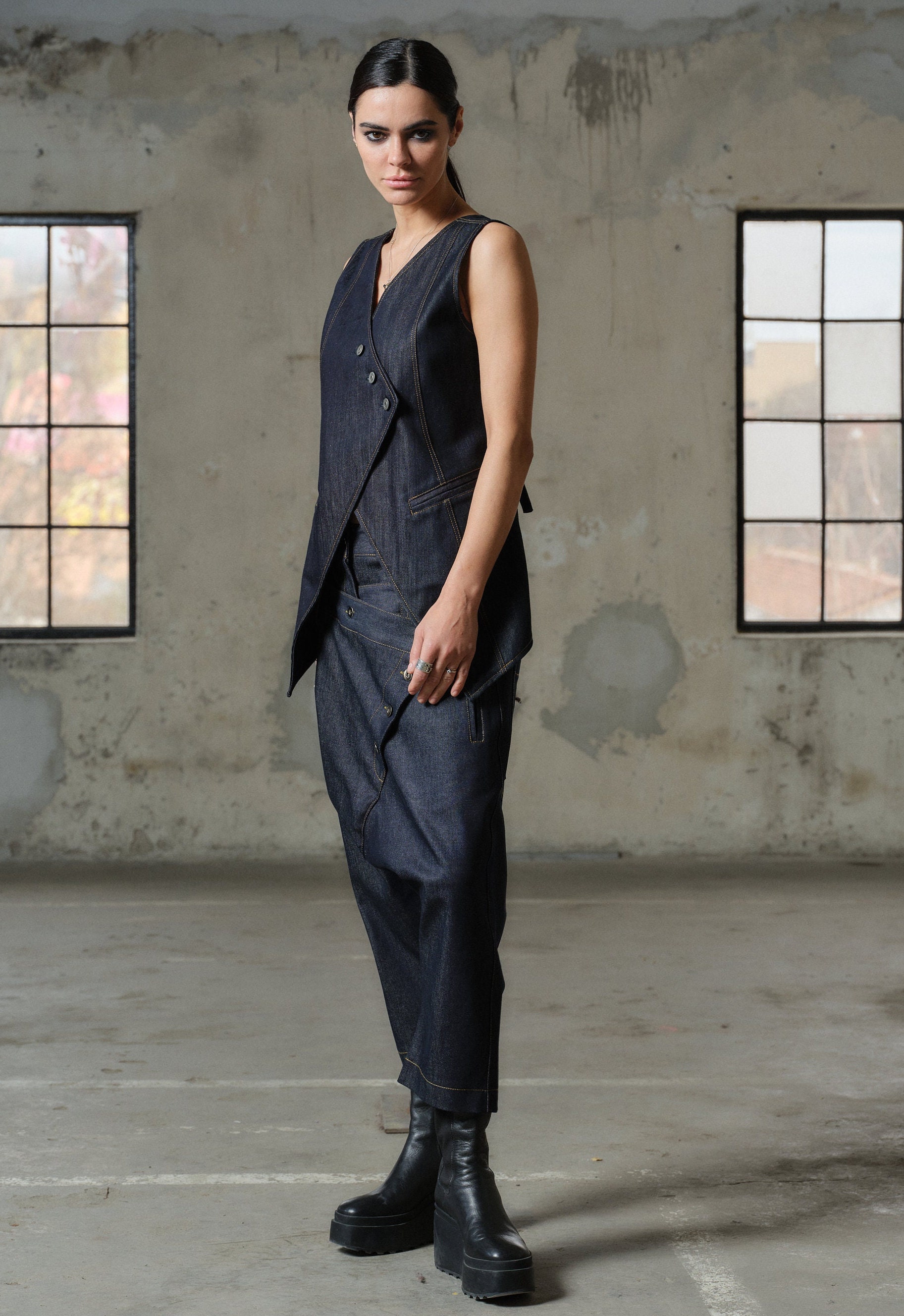 Avant Garde Double Belt Denim Baggy Pants Women, Blue Denim Drop