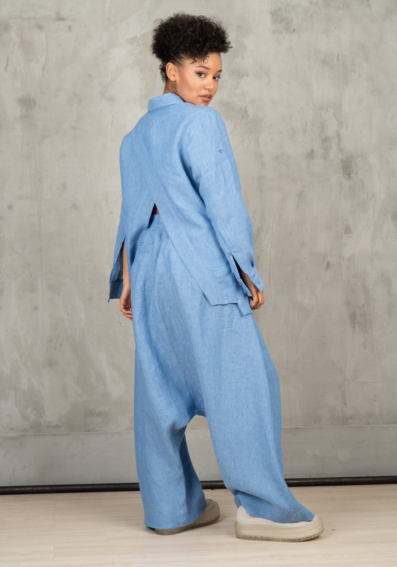 Extravagant Drop Crotch pants, Blue Linen Harem Pants, Linen Pants Women, Loose Harem Pants, Pants With Pockets image 2