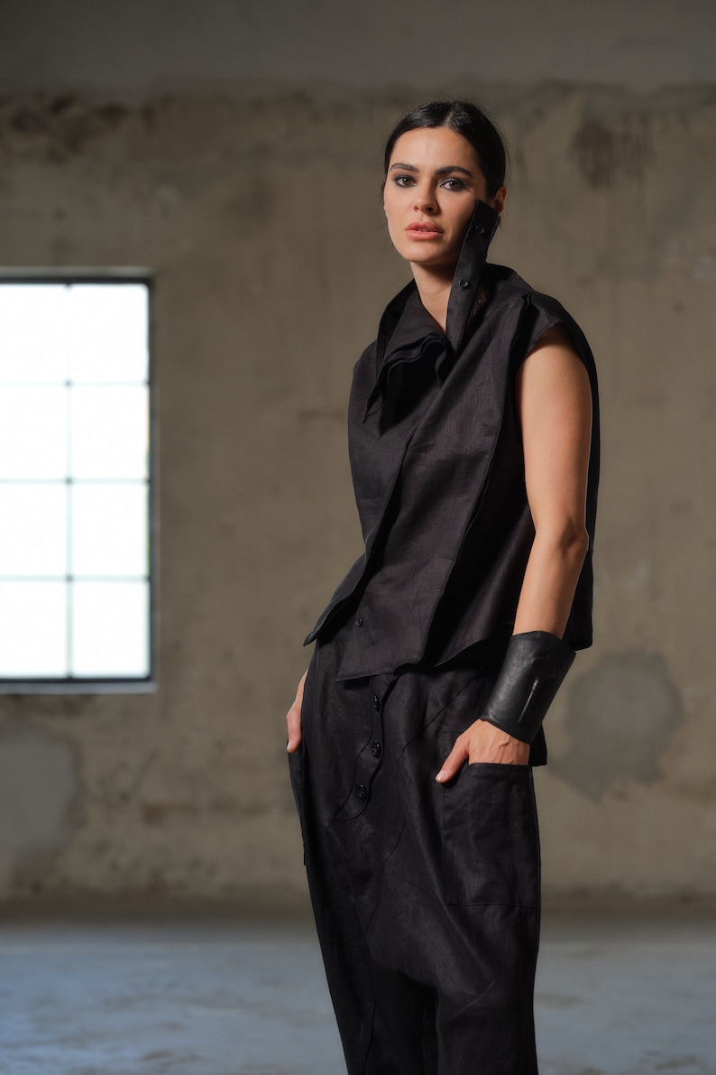 Black linen asymmetrical blouse avant garde clothing, Linen top women, Linen clothing, Slow fashion, Capsule wardrobe, Sustainable clothes