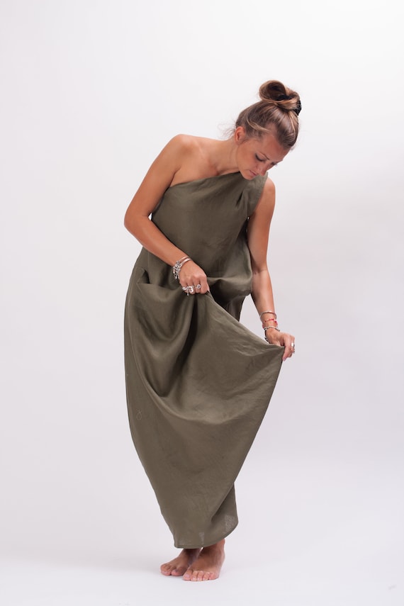 Khaki Linen Maxi Dress: One Shoulder Avant Garde Kaftan
